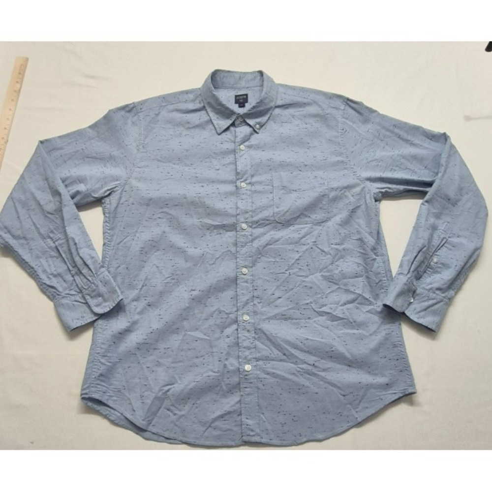 J. Crew men's blue long sleeve button up front pocket black design shirt sz. LG